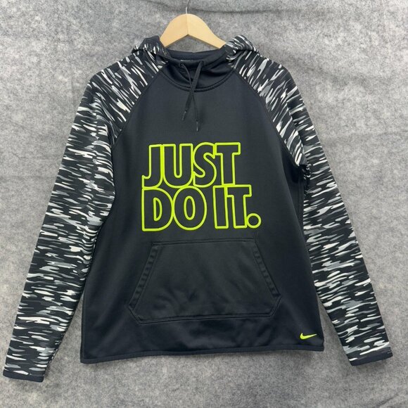 Nike Tops - Nike Hoodie Sweatshirt Womens M Black Gray Therma Fit Fleece Lined Just Do It